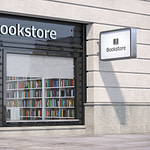 Bookstore shop exterior with books and textbooks in showcase.